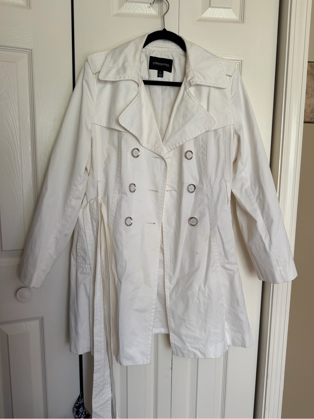 London Fog White Double-Breasted Trench Coat with Belted Waist